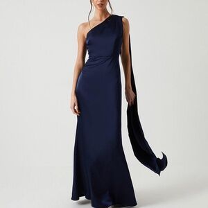 Women’s Navy Blue Drape Shoulder Formal Evening  Maxi Dress